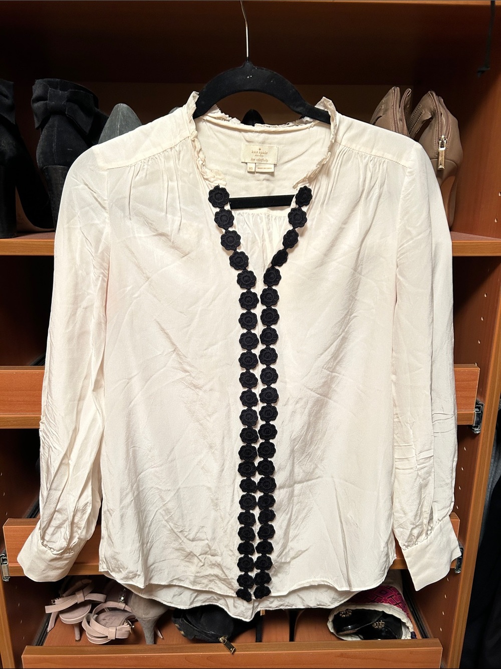 kate spade Cream Silk Blouse with Black Floral Trim